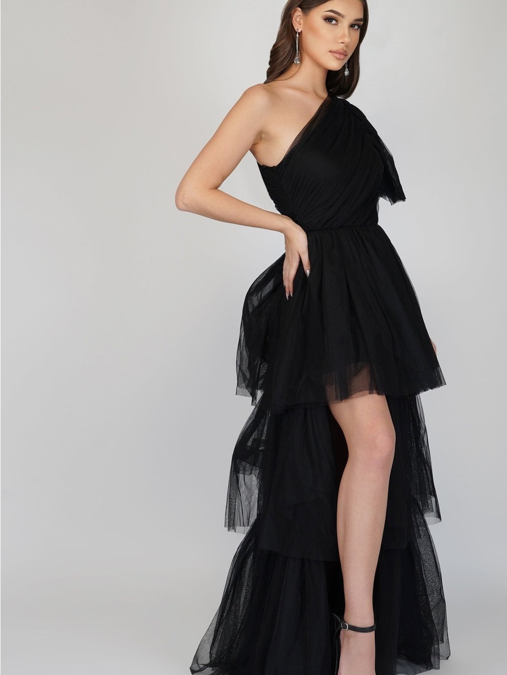 Asymmetric One-Shoulder Black Tulle Tiered Evening Dress Formal Goth Gown Glam - Picture 7 of 8